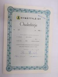 Oy Rymättylä Ab, Naantali 1983, 100 mk, osake nr 10 Toivo Saarnin kuolinpesä -osakekirja / share certificate