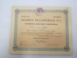 Suomen Kellokeskus Oy, Tampere 1926, 10 osaketta 10 000 mk, osakkeet nr 291-300, Jalo Perkko -osakekirja / share certificate