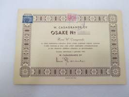 W. Casagrande Oy, 1 osake 1 000 mk, Turku 2.1.1944, osake nr 197 -osakekirja, taustalla merkintä, että tämän osakkeen on pakkohuutokaupassa ostanut Antonio