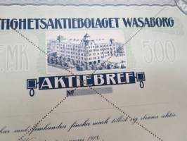 Fastighetsaktiebolaget Wasaborg, Wasa, 500 f.mk aktiebref -vaasalaisen asunto-osakeyhtiön kuvallinen osakekirja / share certificate
