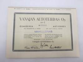 Vanajan Autotehdas Oy, Helsinki 1951, 50 osaketta á 1 000 mk = 50 000 mk -osakekirja / share certificate