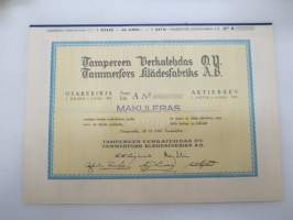 Tampereen Verkatehdas Oy, Tampere 1949, Sarja A 1 osake á 4 000 = 4 000 mk -osakekirja, blanco, makuleras-leimattu -share certificate