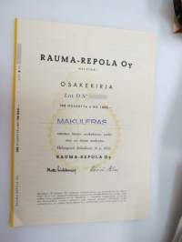 Rauma-Repola Oy, Helsinki 1952, Litt. D, 100 osaketta á 1 000 mk = 100 000 mk -osakekirja, blanco -share certificate