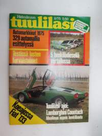 Tuulilasi 1975 nr 2, sis. mm. seur. artikkelit / kuvat / mainokset; Kansikuva Lamborghini Countach, Timo Mäkinen haastattelussa, Piilofarmarin katsastus on