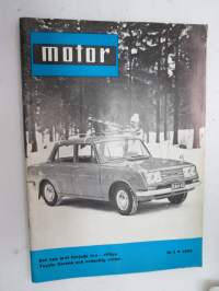 Motor 1966 nr 1, innehåller bl a följande artiklar / bilder / reklam; I pärmbild Toyota Corona, Volvo L 3314 Laplander, Personbilarnas 