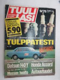 Tuulilasi 1978 nr 9, sis. mm. seur. artikkelit / kuvat / mainokset; Suomen ensimmäinen sytytystulppatesti, Autot paranevat - testilaitevaatimukset kovenevat,