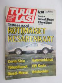 Tuulilasi 1981 nr 6, sisältää mm. seur. artikkelit / kuvat / mainokset; Renault Fuego TX koeajo, Autolomalle junalla, Suomen lupaavin tallikuski Sami Pensala,