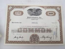 P & F Industries, Inc., 100 shares, nr C 212, 1963 -share certificate / osakekirja