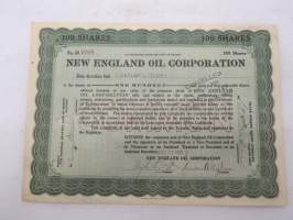 New England Oil Corporation, 100 shares, nr CO 1086, 1921 (Commonwealth of Massachusetts tax stamps) -share certificate / osakekirja
