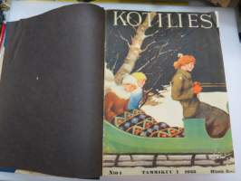 Kotiliesi 1933 -sidottu vuosikerta, kaikki kansikuvat (Rudolf Koivu) ja sisältöä näkyy kuvissa -family magazine, annual volume