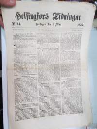 Helsingfors Tidningar, Lördagen den 1 Maj 1858, Nr 34., innehåller bl. a. följande artiklar / annonser;