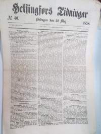 Helsingfors Tidningar, Lördagen den 22 Maj 1858, Nr 40., innehåller bl. a. följande artiklar / annonser;