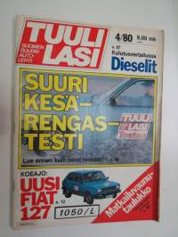 Tuulilasi 1980 nr 4, sisältää mm. seur. artikkelit / kuvat / mainokset; Kesärengastesti, Fiat 127 koeajo, Ykköstien huoltoasemat, Fiat Ritmo 75 L 30 000 kestotesti