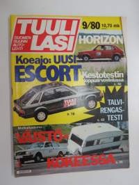 Tuulilasi 1980 nr 9, sisältää mm. seur. artikkelit / kuvat / mainokset; Koeajo uusi Ford Escort, Horizon kestotestin loppuarvostelu, Matkailuvaunu väistökokeessa ym.