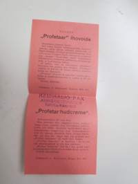 Profetaar ihovoide - Profetar hudcreme / Valmistaja A. Wojewudski, Parainen, myyjä Kemikalio Pax, Turku -mainosesite -skin cream brochure