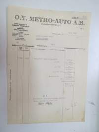 Oy Metro-Auto Ab, Helsinki, 29.5.1947 - Autokoulu ja autokorjaamo Visa, Uusikaupunki -asiakirja / business document