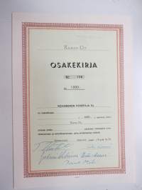 Kunes Oy, Rovaniemi, 1 000 mk, osakekirja nr 106, omistaja Rovaniemen Konepaja Ky, 24.3.1974 -share certificate