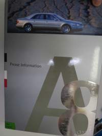 Audi A8 1994 Presse Information -press kitt -mallin lanseeraus- / esittelykansio, mukana 21 pressikuvaa