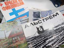 Erä venäjänkielisiä rakentamiseen ja tekniikkaan liittyviä suomalaisyritysten esitteitä 1970-luvulta