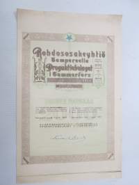 Rohdososakeyhtiö Tampereella - Drogaktiebolaget i Tammerfors, 10 osaketta á 200 mk, Tampere 1937 -osakekirja / share certificate