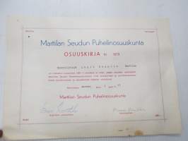Marttilan Seudun Puhelinosuuskunta, osuuskirja nr 1679, 1.11.1973 -telephonen company share certificate
