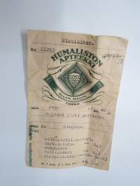 Humaliston Apteekki, Turku, 16.11.1937 -lääkepussi / -pakkaus /apteekkiresepti / signatuuri / pharmacy label