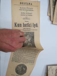 Kun hetki lyö (His hour) -elokuvan (mykkäfilmin) käsiohjelma 1925, pääosissa Alleen Pringle, John Gilbert, Emily Fitzroy, Dale Fuller -movie program