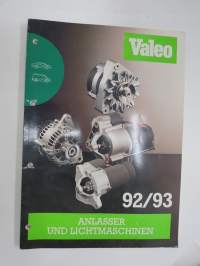 Valeo Anlasser und Lichtmaschinen 1992/93 starttimottorit ja laturit -kuvitettu varaosaluettelo ja korvaavuudet