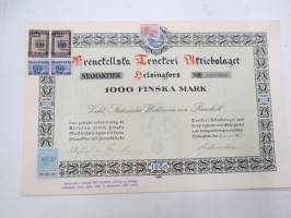 Frenckellska Tryckeri Aktiebolaget, Helsingfors 1920, 1000 fmk stamaktier nris 2077-2086, Verkl. Statsrådet Woldemar von Frenckell -osakekirja / share certificate