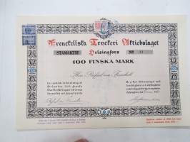 Frenckellska Tryckeri Aktiebolaget, Helsingfors 1920, Stamaktie nr 14, 100 Fmk, Rafael von Frenckell -osakekirja / share certificate