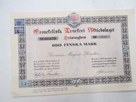 Frenckellska Tryckeri Aktiebolaget, Helsingfors 1920, Stamaktie nr 4153, 100 Fmk, Grevinnan Margerite Hamilton -osakekirja / share certificate