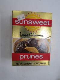 Sunsweet Large California Prunes -avaamaton tuotepakkaus arviolta 1970-luvun alusta, hinta ollut 2,86 mk