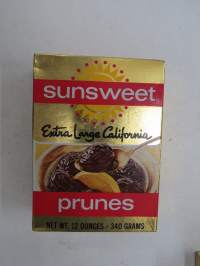 Sunsweet Large California Prunes -avaamaton tuotepakkaus arviolta 1970-luvun alusta, hinta ollut 2,80 mk