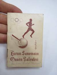 Turun Sanomain onnenkalenteri 1936, kannessa olympiarenkaat, sisäkansissa toimitalokuvat -calendar