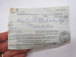 Yleisradiolaitteen vastaanottolupa nr 081592 elokuun 31 päivään 1939, Auto ja Urheilu Oy, Kausala - Radiolicens -radio licence