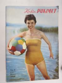 Kodin pukimet 1957 nr 2 -käsityölehti, Silo Sirpa & Pirkko, Kankaiden viimeistelystä, Kesäkoruja, Hyvät liivit, Ranta-asuja, Nukkelan pukuhuolia, ym.