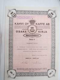 Kahvi Oy OKA Kaffe Ab, Sarja A, Helsinki 1963 nr 34300, 1 osake 2 mk, kauppias H. Leino -osakekirja / share certificate
