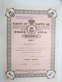 Kahvi Oy OKA Kaffe Ab, Sarja A, Helsinki 1963 nr 34297, 1 osake 2 mk, kauppias H. Leino -osakekirja / share certificate