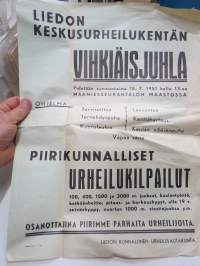 Liedon keskusurheilukentän vihkiäisjuhla, sunnuntaina 15.7.1951 Maamiesseurantalon maastossa - Piirikunnalliset urheilukilpailut -juliste / poster