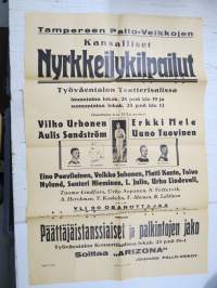 Tampereen Pallo-Veikkojen kansalliset Nyrkkeilykilpailut Työväentalon Teatterisalissa mm. Vilho Urhonen, Erkki Mela -kilpailujuliste / boxing poster