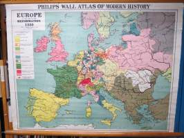 Europe at the time of reformation 1555 - Eurooppa reformaation aikana / Philips Wall Atlas of Modern History / Koulutarpeiden Keskusliike -seinäkartta / koulukartta