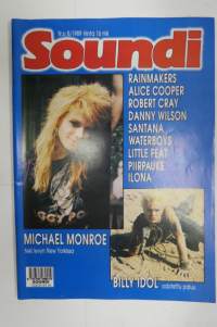 Soundi 1989 nr 8, Rainmakers, Alice Cooper, Robert Cray, Danny Wilson, Santana, Waterboys, Little Feat, Piirpauke, Ilona, Michael Monroe, Billy Idol.
