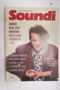 Soundi 1987 nr 5, Smiths, Bom Jovi, Mentors, Nick Cave, Hüsker Dü, Päät, Kolmas nainen, Pave Maijanen, Julian Cope, Courtney Pine, Lonnie Mack.