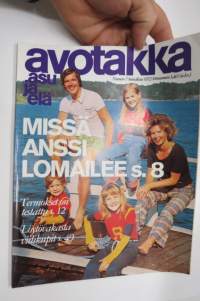 Avotakka 1972 nr 7, Anssi Kukkonen lomailee, Termosastiat testissä, Visukki-aitta, Kaislamatot, Pihaelämä, Paneeli kotoisasti, ym.