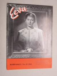 Eeva 1945 nr 11 kansikuva La Roben muotinäyttelystä, Suuren rakastajan autoliitto, Puhuttelin amerikatarta. Kahlitseeko avioliitto taiteilijaa?, Mestari filmitähtenä