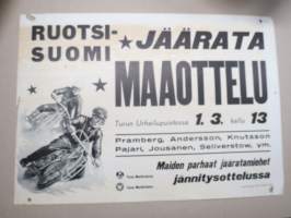 Ruotsi-Suomi jäärata (jääspeedway) maaottelu Turun urheilupuistossa 1.3.1959 Bramberg, Andersson, Knuttson, Pajari, Jousanen, Seliverstow -juliste / poster