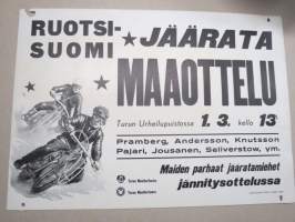Ruotsi-Suomi jäärata (jääspeedway) maaottelu Turun urheilupuistossa 1.3.1959 Bramberg, Andersson, Knuttson, Pajari, Jousanen, Seliverstow -juliste / poster