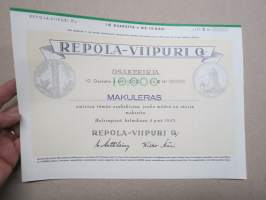 Repola-Viipuri Oy, Helsinki 1943, 10 osaketta á 1 000 mk 10 000 mk -osakekirja -share certificate