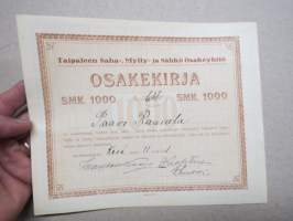 Taipaleen Saha-, Mylly- ja Sähköosakeyhtiö, Taipale, Suodenniemi 1921, 1 000 mk, nr 64 Paavo Rauvala -osakekirja / share certificate