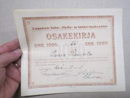 Taipaleen Saha-, Mylly- ja Sähköosakeyhtiö, Taipale, Suodenniemi 1921, 1 000 mk, nr 65 Paavo Rauvala -osakekirja / share certificate